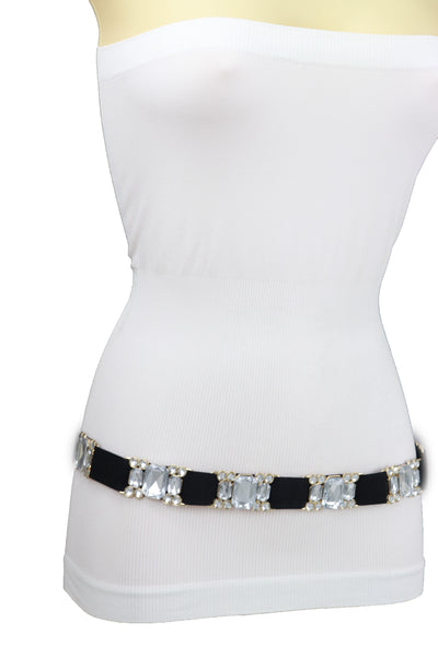 Brand New Women Black Elastic Belt Silver Bling Gold Metal Buckle S M