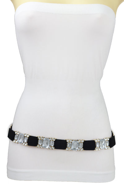 Brand New Women Black Elastic Belt Silver Bling Gold Metal Buckle S M