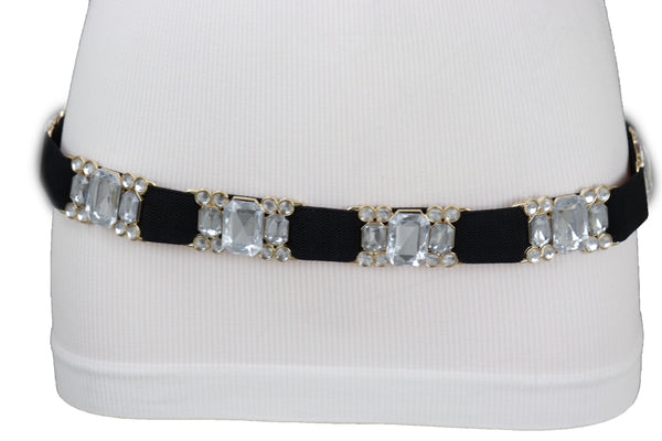 Brand New Women Black Elastic Belt Silver Bling Gold Metal Buckle S M