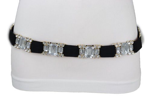 Brand New Women Black Elastic Belt Silver Bling Gold Metal Buckle S M