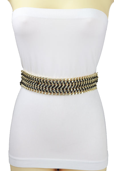 Brand New Women Black Elastic Belt Gold Metal Chain Links S M