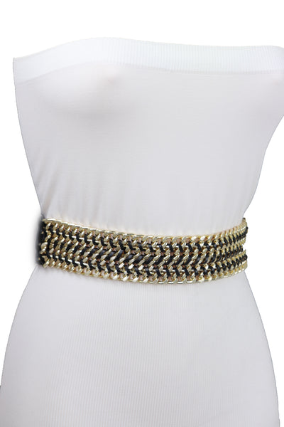 Brand New Women Black Elastic Belt Gold Metal Chain Links S M