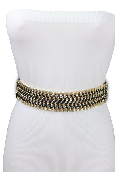 Brand New Women Black Elastic Belt Gold Metal Chain Links S M