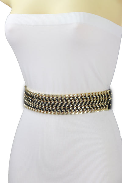 Brand New Women Black Elastic Belt Gold Metal Chain Links S M
