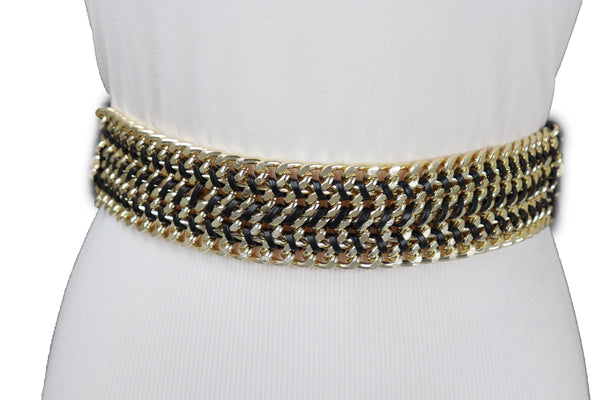 Brand New Women Black Elastic Belt Gold Metal Chain Links S M