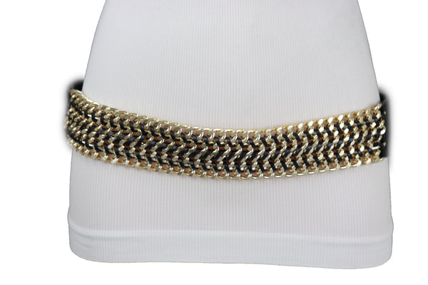 Brand New Women Black Elastic Belt Gold Metal Chain Links S M