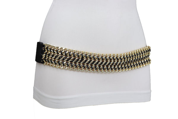 Brand New Women Black Elastic Belt Gold Metal Chain Links S M