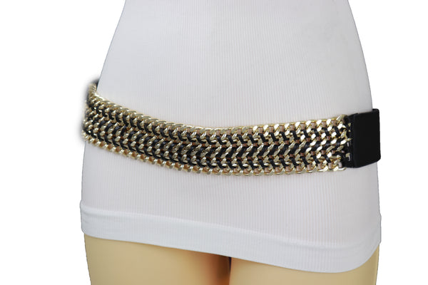 Brand New Women Black Elastic Belt Gold Metal Chain Links S M