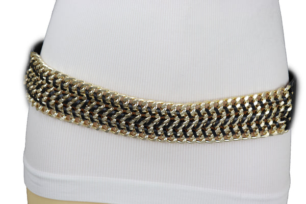 Brand New Women Black Elastic Belt Gold Metal Chain Links S M