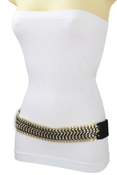 Brand New Women Black Elastic Belt Gold Metal Chain Links S M