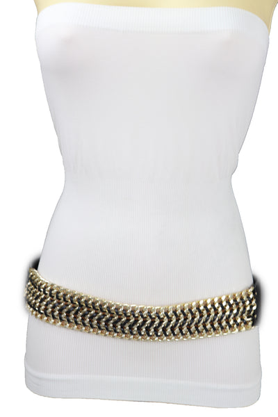 Brand New Women Black Elastic Belt Gold Metal Chain Links S M