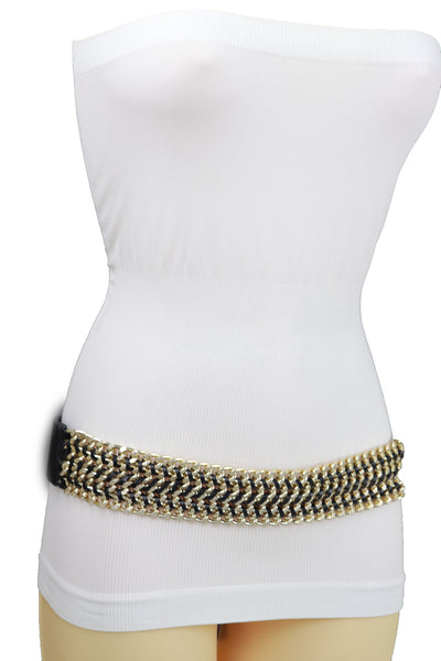 Brand New Women Black Elastic Belt Gold Metal Chain Links S M