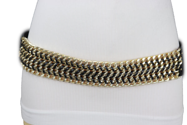 Brand New Women Black Elastic Belt Gold Metal Chain Links S M