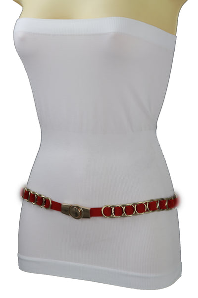 Brand New Women Red Elastic Skinny Band Belt Gold Chain Links S M