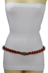 Red Elastic Skinny Band Belt Gold Chain Links S M