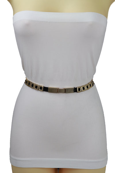 Brand New Women Black Elastic Fashion Belt Gold Metal Square Charms S M L
