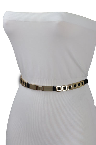 Brand New Women Black Elastic Fashion Belt Gold Metal Square Charms S M L