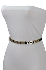 Black Elastic Fashion Belt Gold Metal Square Charms S M L