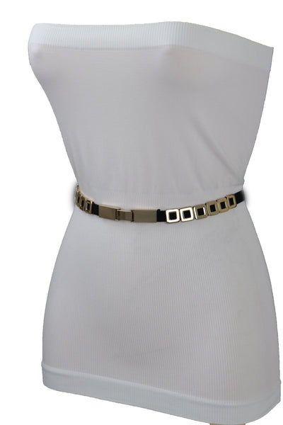Brand New Women Black Elastic Fashion Belt Gold Metal Square Charms S M L
