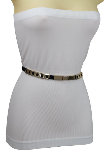 Brand New Women Black Elastic Fashion Belt Gold Metal Square Charms S M L