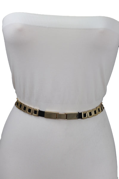 Brand New Women Black Elastic Fashion Belt Gold Metal Square Charms S M L