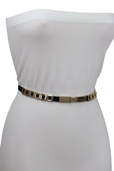 Brand New Women Black Elastic Fashion Belt Gold Metal Square Charms S M L