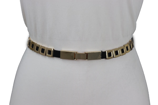 Brand New Women Black Elastic Fashion Belt Gold Metal Square Charms S M L