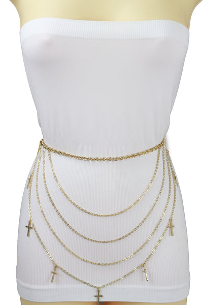 Brand New Women Gold Metal Chain Links Waves Belt Cross Charms S M L