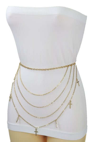 Brand New Women Gold Metal Chain Links Waves Belt Cross Charms S M L