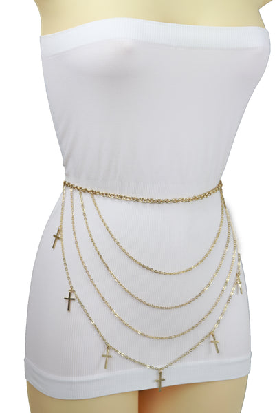 Brand New Women Gold Metal Chain Links Waves Belt Cross Charms S M L