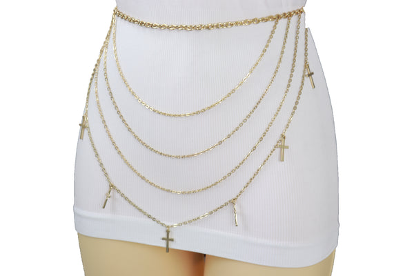 Brand New Women Gold Metal Chain Links Waves Belt Cross Charms S M L