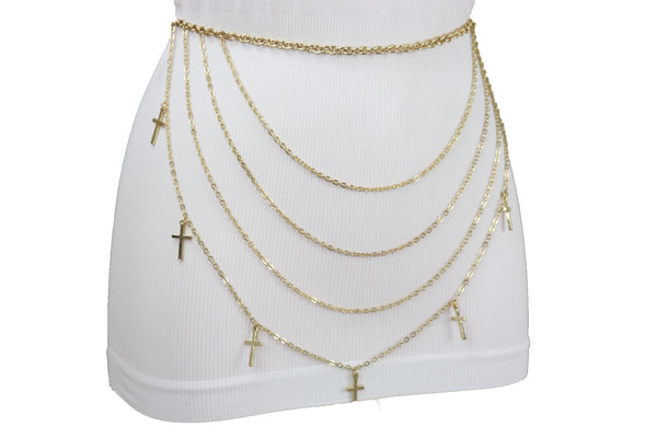 Brand New Women Gold Metal Chain Links Waves Belt Cross Charms S M L