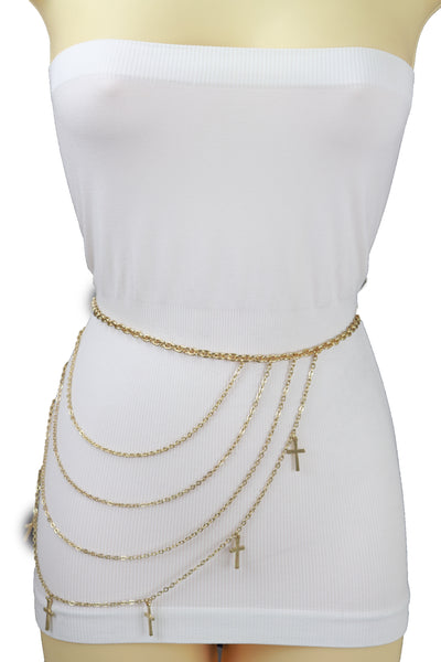 Brand New Women Gold Metal Chain Links Waves Belt Cross Charms S M L