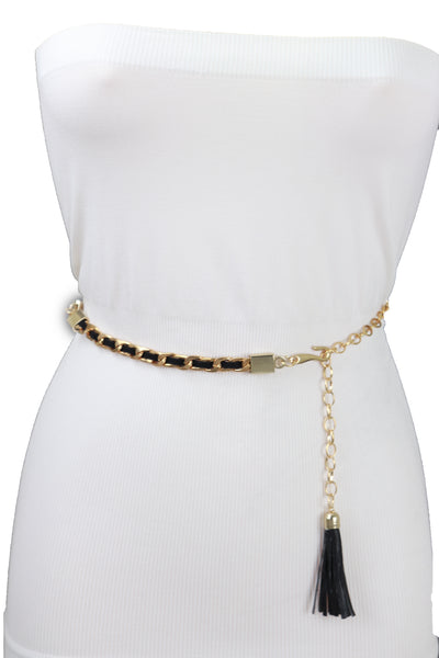Brand New Women Black Tassel Skinny Waistband Belt Gold Metal Chain Links M L