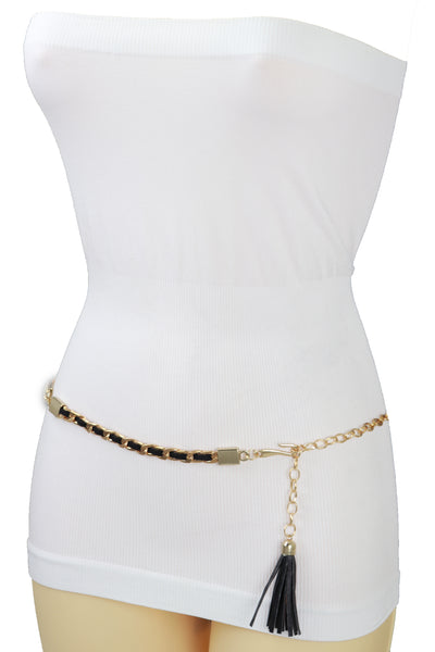 Brand New Women Black Tassel Skinny Waistband Belt Gold Metal Chain Links M L