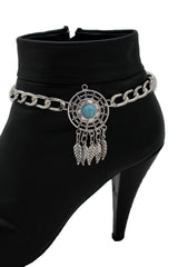 Brand New Women Silver Metal Boot Chain Bracelet Shoe Anklet Feathers Dream Catcher Charm SET BC134