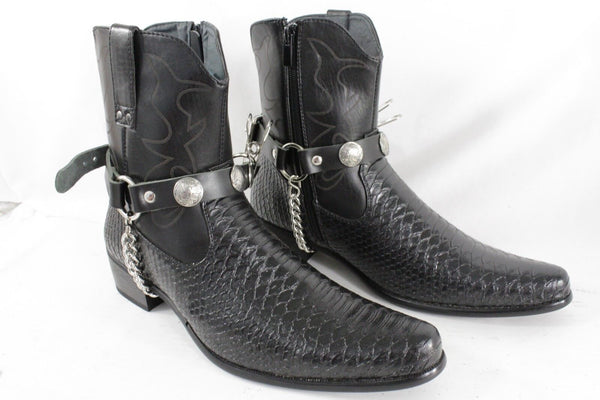 New Men Biker Chain Black Faux Leather Bands Boots 2 Straps Native American Charms Indian