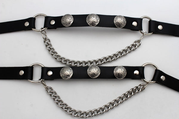 New Men Biker Chain Black Faux Leather Bands Boots 2 Straps Native American Charms Indian