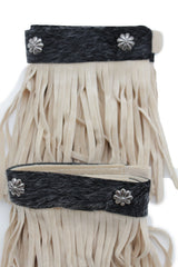 Brand New Women Beige Boot Toppers Faux Suede Leather Fringes Winter Flower Charm