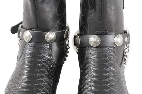 New Men Biker Chain Black Faux Leather Bands Boots 2 Straps Native American Charms Indian