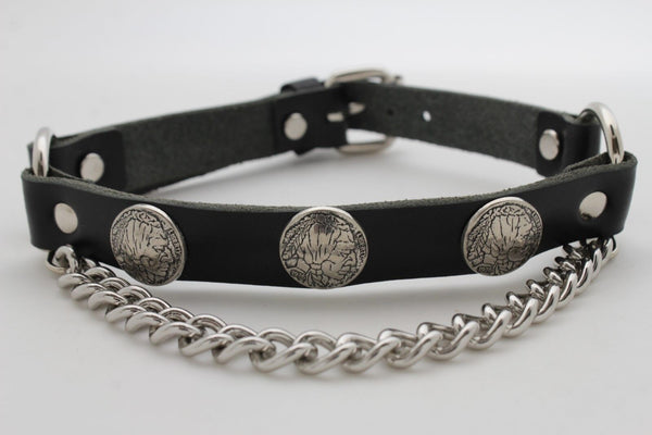 New Men Biker Chain Black Faux Leather Bands Boots 2 Straps Native American Charms Indian