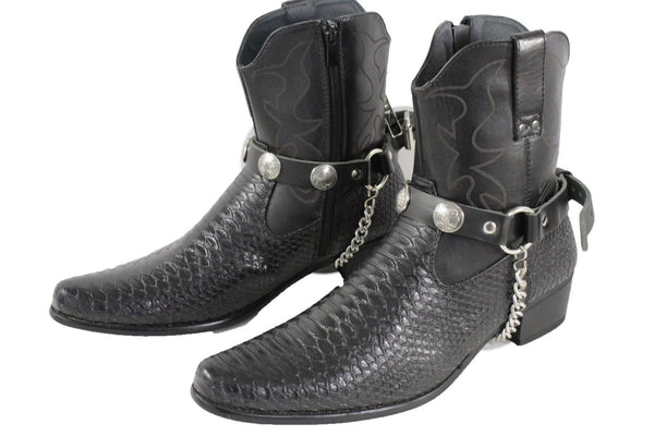 New Men Biker Chain Black Faux Leather Bands Boots 2 Straps Native American Charms Indian