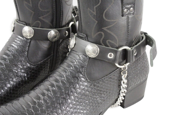 New Men Biker Chain Black Faux Leather Bands Boots 2 Straps Native American Charms Indian