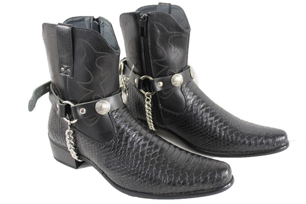 New Men Biker Chain Black Faux Leather Bands Boots 2 Straps Native American Charms Indian