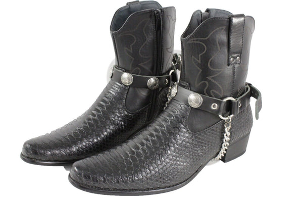 New Men Biker Chain Black Faux Leather Bands Boots 2 Straps Native American Charms Indian