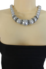 Brand New Women’s Gray Silver Bead Necklace Women Chunky Imitation Pearl Fashion Jewelry  -   WN27