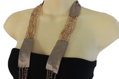 Brand New Women Long Taupe Beaded Tie Necklace Women Satin Fabric Statement Jewelry -   WN45