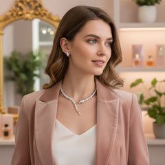 NEW Women Silver Metal Wrap Around Cobra Snake Short Necklace + Earrings Set