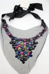 Brand New Women Boho Black Mesh Necklace Beaded Bib Satin Ribbon Tie  -   WN42