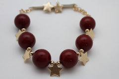 Brand New Red Brown Beaded Necklace and Earrings Set for Women with Gold Tone Star Charms, Adjustable Statement Jewelry, WN60